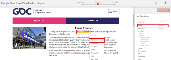 Example tagging data to highlight event schema markup